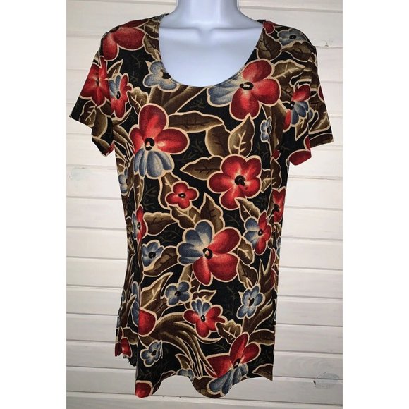 VTG Janana’s Sz ?? (See Meas) Red Khaki Floral Slinky Pullover Tunic Stretch EUC - Picture 3 of 8